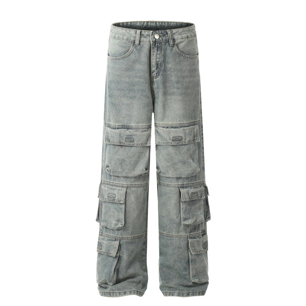 Wide-Leg Cargo Jeans - High-Waisted Streetwear Denim Pants with Multiple Pockets