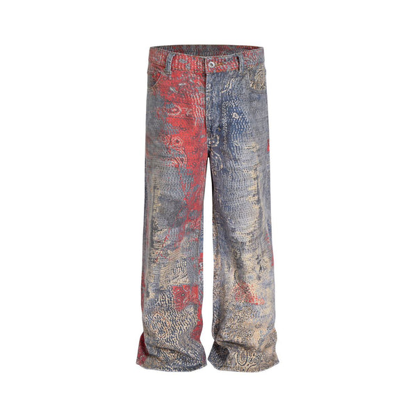 Red & Blue Distressed Straight Wide-Leg Jeans