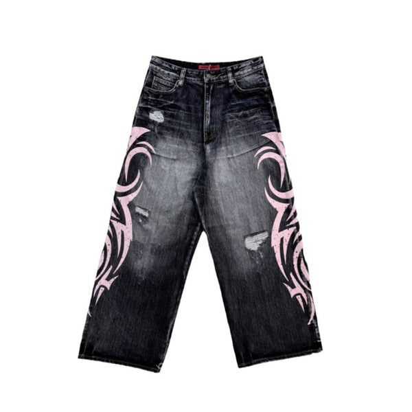 Tribal Print Baggy Distressed Wide Leg Jeans